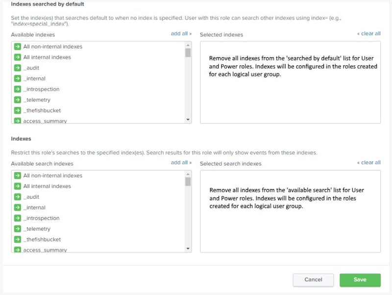 Images depicting Splunk's available indexes and searches with instructions regarding Users and Roles